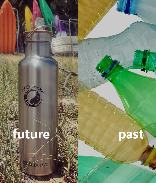 A stainless steel ecotanka bottle labelled future, beside discarded plastic bottles labelled past