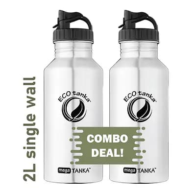 ECOtanka megaTANKA 2.0L single-wall stainless steel water bottle with durable Mega PP lid featuring carry loop and convenient spout, reusable and BPA-free, twin pack.