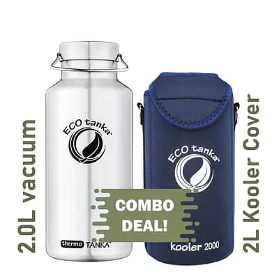 ecotanka thermoTANKA 2.0L stainless steel insulated bottle with Mega Stainless Steel Lid and Dark Blue Kooler Cover – double-wall vacuum design, durable, eco-friendly, reusable hydration bottle for hot or cold drinks.