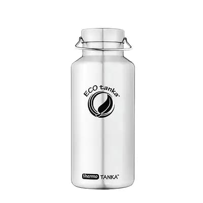 ecotanka 2.0L thermoTANKA double-wall vacuum insulated stainless steel bottle with durable Mega Stainless Steel Lid (MSS) featuring extra strong square carry handle, made from 100% pure 304 stainless steel, BPA-free and reusable.